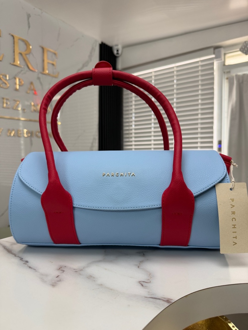 Sky Blue Mini Barrel Bag with Red Handles